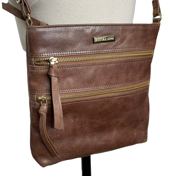 Estalon Handbags - Estalon Leather Crossbody Brown Vintage Slim Crossbody Sipper Pocket Purse